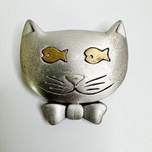 JJ Jonette Jewelry Cat Brooch Goldfish Eyes Bowtie Smiley Face Pewter Pin 80’s